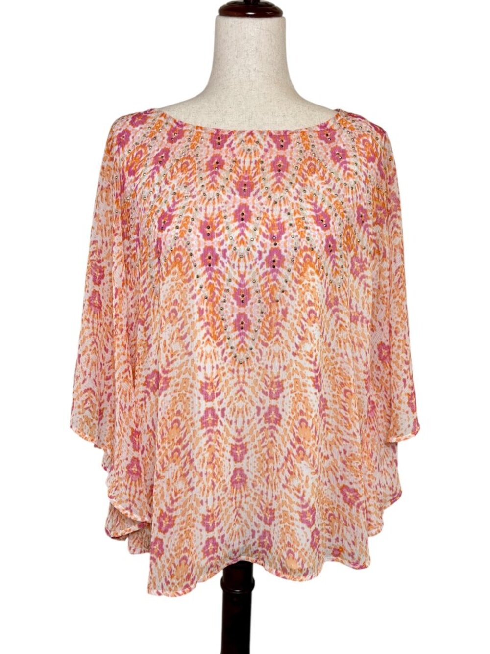 Ruby Rd Pink Orange Embellished Flowy Blouse Boho Resort Plus 1X